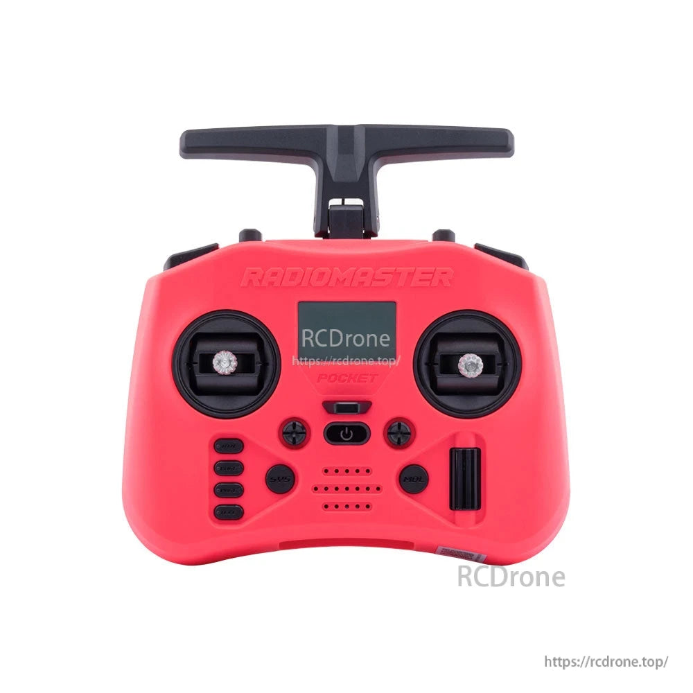 Red RadioMaster Pocket Crush transmitter front view highlighting gimbals, display window and control buttons