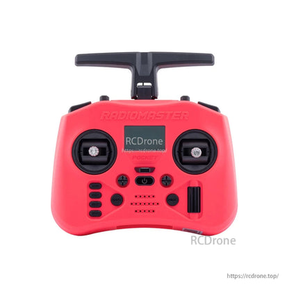 Red RadioMaster Pocket Crush transmitter front view highlighting gimbals, display window and control buttons
