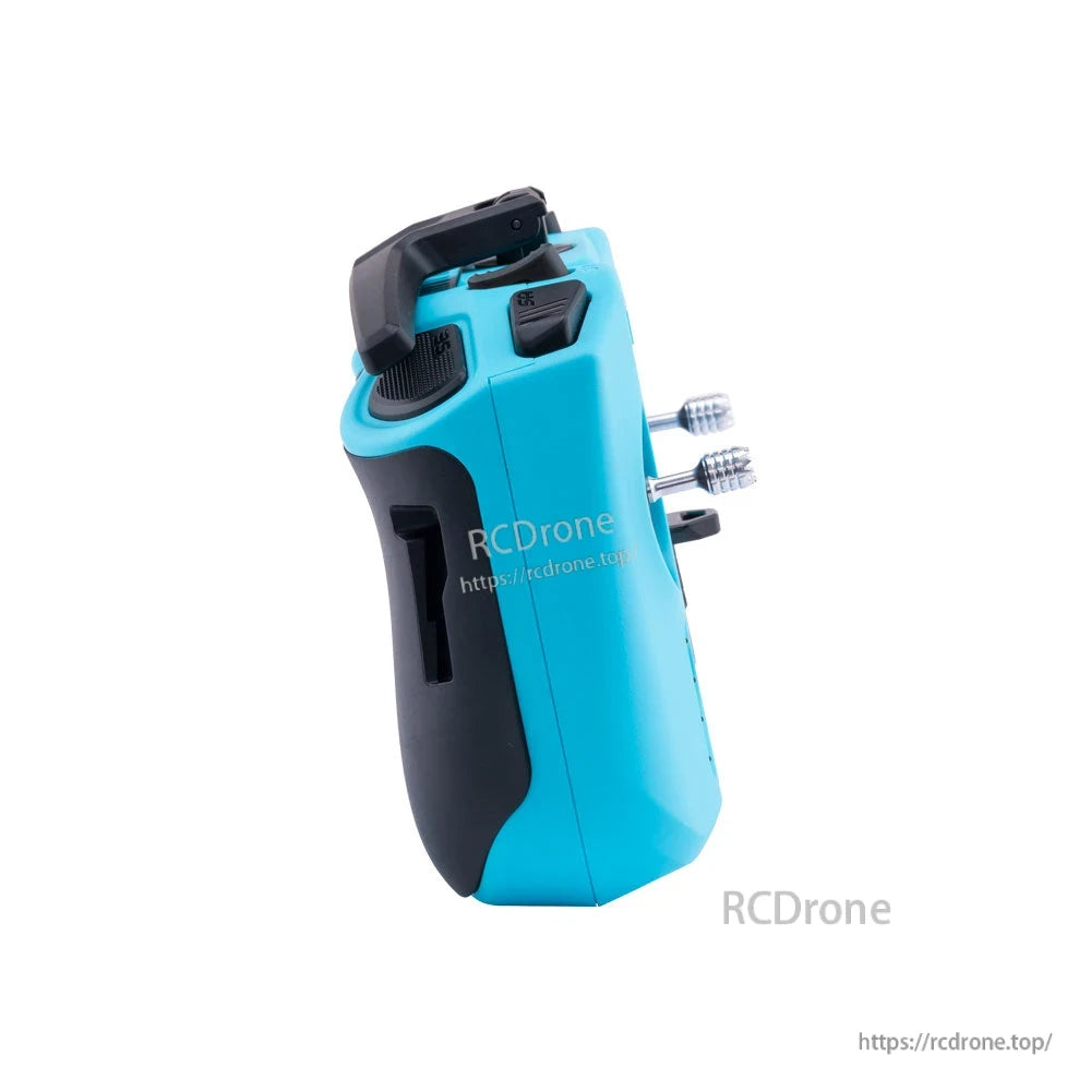 Blue RadioMaster Pocket Crush transmitter side profile showing shoulder switches and grip shape