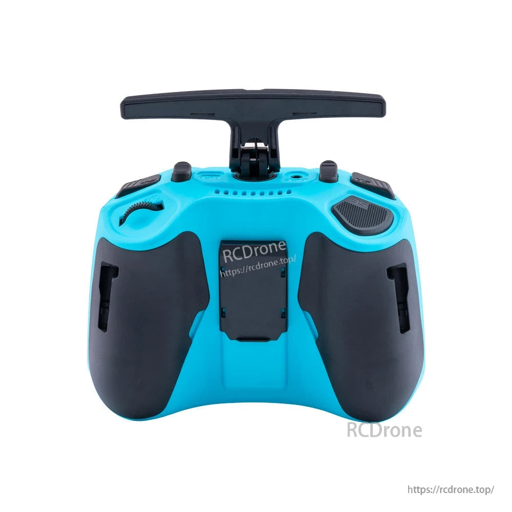 Blue RadioMaster Pocket Crush transmitter rear view showing grip pads and rear module bay cover