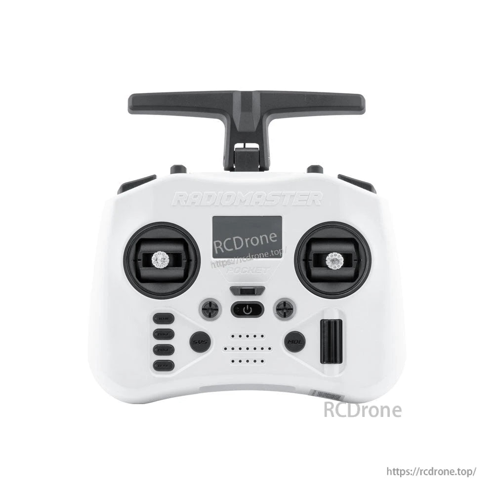 White RadioMaster Pocket Crush transmitter front view with dual gimbals, screen window and front controls