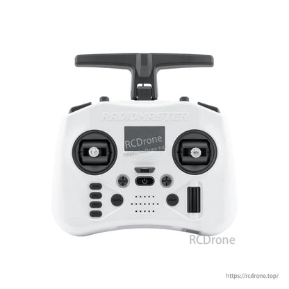 White RadioMaster Pocket Crush transmitter front view with dual gimbals, screen window and front controls