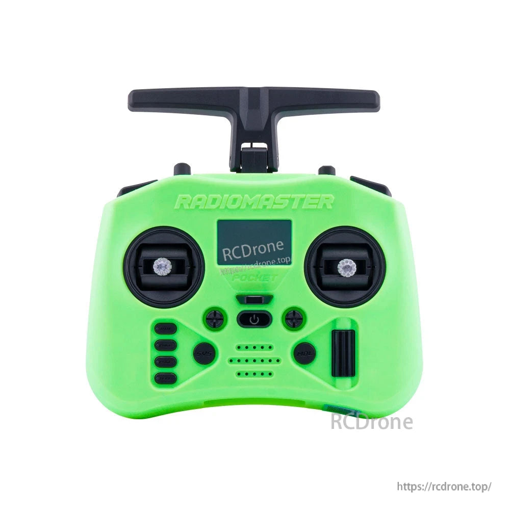 Green RadioMaster Pocket Crush (M2) transmitter front view with display, dual gimbals and control buttons
