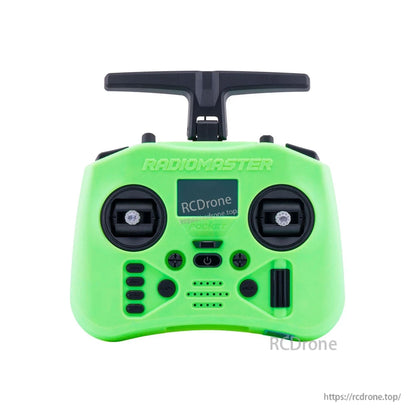 Green RadioMaster Pocket Crush (M2) transmitter front view with display, dual gimbals and control buttons