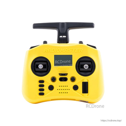 Yellow RadioMaster Pocket Crush transmitter front view showing gimbals, screen, buttons and right-side scroll wheel