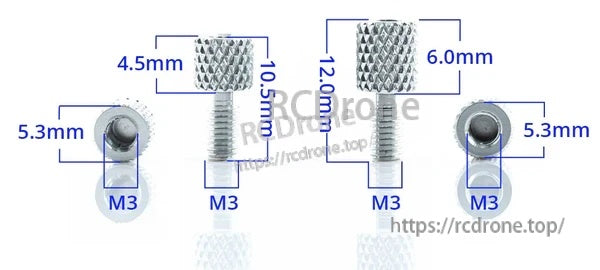 Pocket gimbal stick extender dimensions with M3 thread, 4.5 mm and 6.0 mm height options and 5.3 mm tip