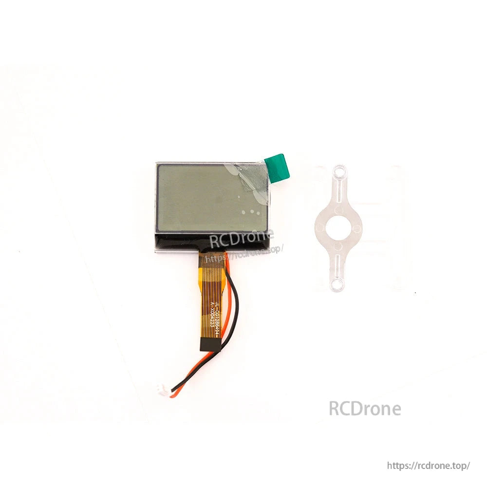 RadioMaster Pocket LCD screen replacement module with ribbon cable and two wires, shown with clear mount