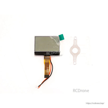 RadioMaster Pocket LCD screen replacement module with ribbon cable and two wires, shown with clear mount