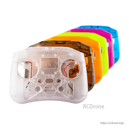 Stacked view of RadioMaster Pocket optional color cases in clear, smoke, orange, yellow, pink, and blue