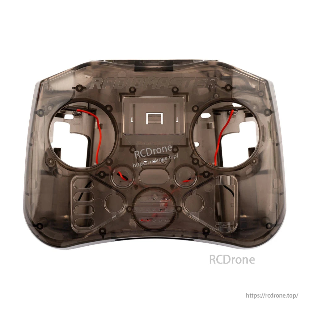 Translucent smoke gray replacement front shell for RadioMaster Pocket, with screw holes and gimbal openings