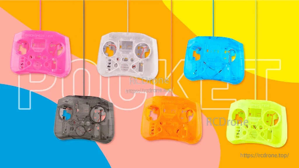 Color options for RadioMaster Pocket replacement case front shell: pink, transparent, blue, charcoal, orange, yellow