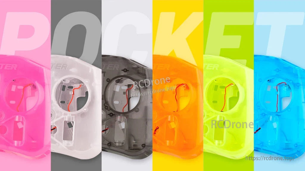Pocket Radio controller front case shells in pink, transparent, charcoal, orange, green, and blue color variants