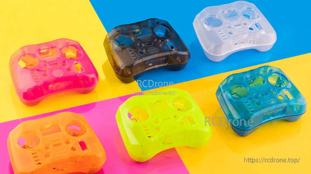 Transparent and solid color Pocket Radio controller case shells showing cutouts for gimbals, switches, and buttons
