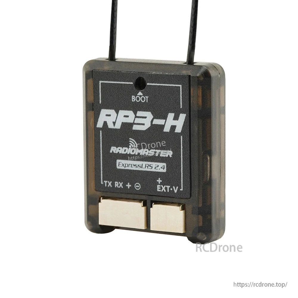 Front angled view of RP3-H receiver showing BOOT hole, ExpressLRS 2.4 label, and antennas