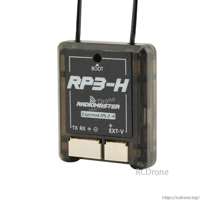 Front angled view of RP3-H receiver showing BOOT hole, ExpressLRS 2.4 label, and antennas