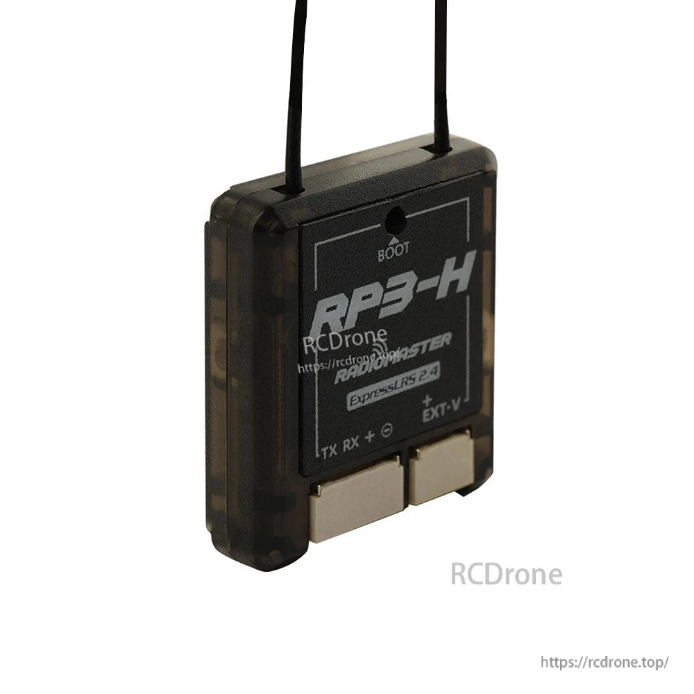 Side profile of RP3-H receiver case with antennas, showing thickness and rounded corners