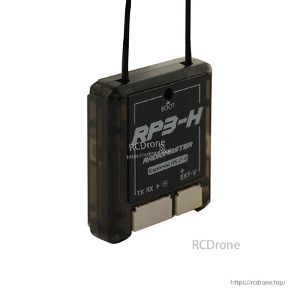 Side profile of RP3-H receiver case with antennas, showing thickness and rounded corners