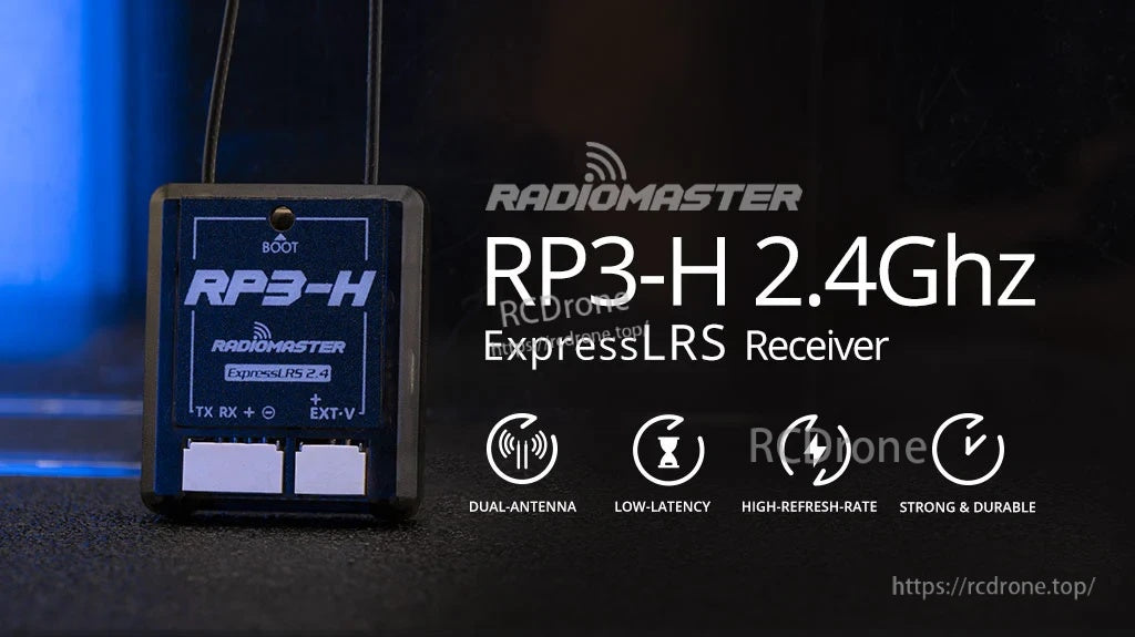 RadioMaster RP3-H ExpressLRS 2.4GHz nano receiver in rugged case with labeled BOOT, TX/RX and EXT-V ports
