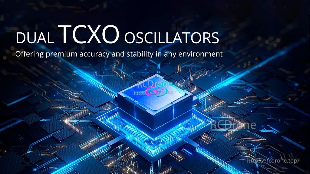 Graphic highlighting dual TCXO oscillators for stable, accurate RF performance across temperature changes