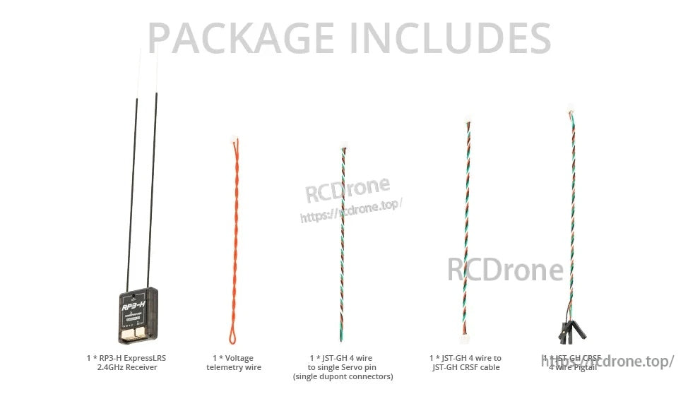 Package contents layout showing RP3-H receiver, voltage telemetry wire, and included JST-GH/SF cable options