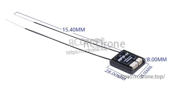 RP3-H receiver dimension graphic showing 28.00 mm length, 24.00 mm width, and 8.00 mm height with antennas