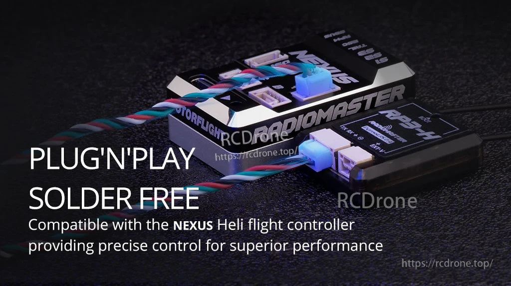RP3-H ExpressLRS receiver installed with plug-and-play, solder-free cable connection to the Nexus Heli controller