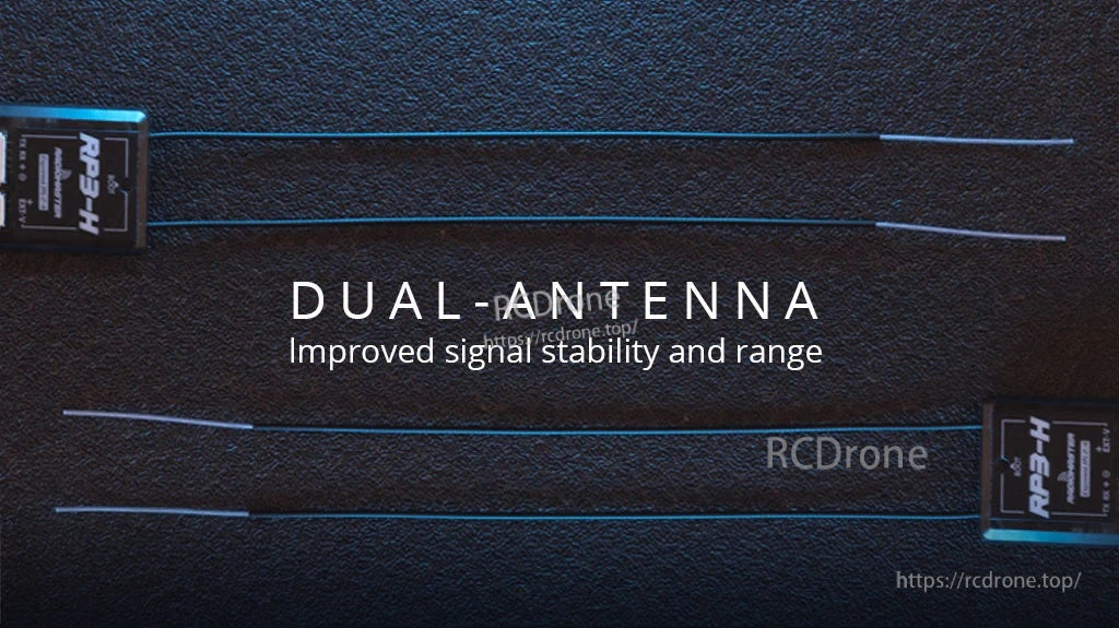 Dual 150mm 2.4GHz antennas laid out to illustrate antenna diversity for improved signal stability and range