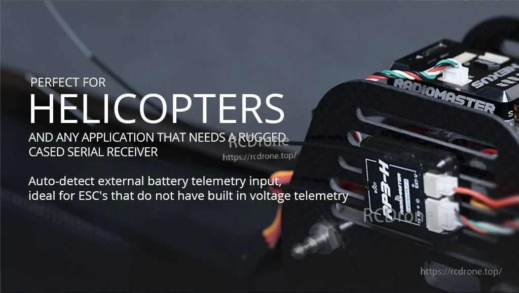 Receiver mounted in a helicopter frame, emphasizing rugged cased serial receiver design and EXT-V telemetry input
