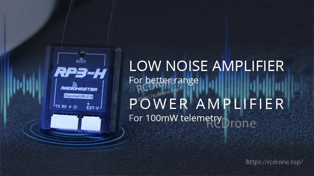 Promo graphic calling out low-noise amplifier for range and power amplifier supporting up to 100mW telemetry power