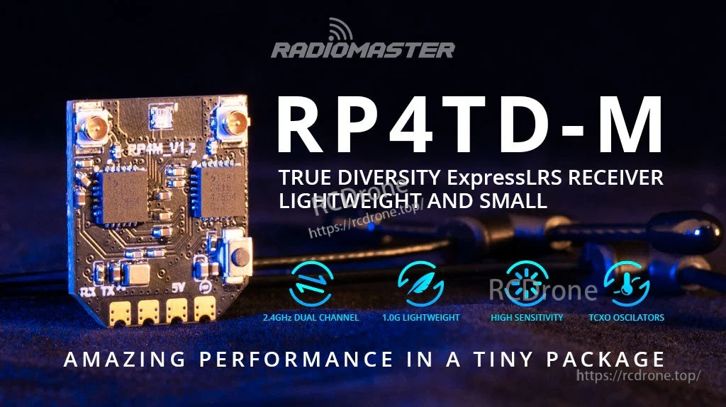 RadioMaster RP4TD-M ExpressLRS 2.4GHz mini true diversity receiver with dual-antenna design and TCXO