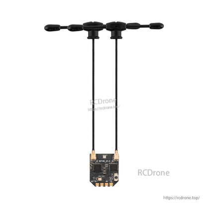 Dual-antenna receiver assembly shown full length with RP4TD-M board and two long antenna leads