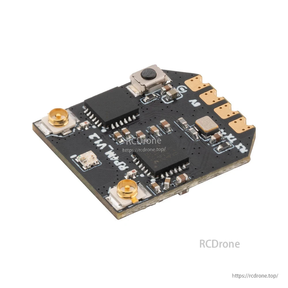 Angled view highlighting receiver solder pads and bind button placement near the board edge