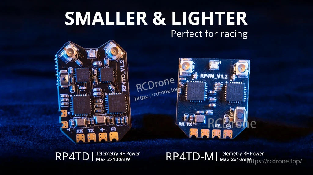 Side-by-side size comparison of RadioMaster RP4TD and RP4TD-M ExpressLRS receivers for racing builds