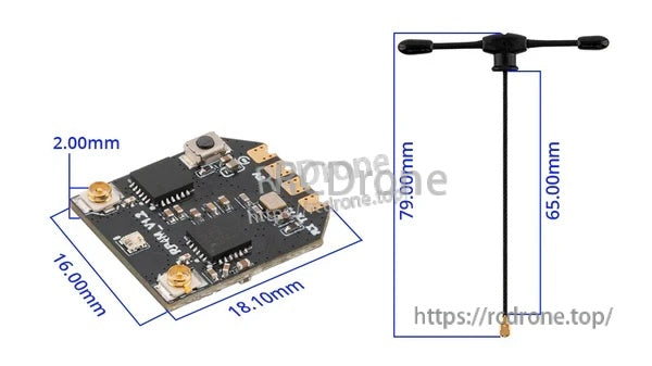 Dimension diagram of RP4TD-M receiver (18.10 x 16.00 x 2.00mm) with antenna length markings 79mm and 65mm