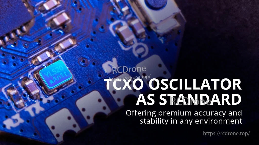 Close-up of RP4TD-M receiver PCB highlighting the TCXO oscillator component for stable 2.4GHz performance