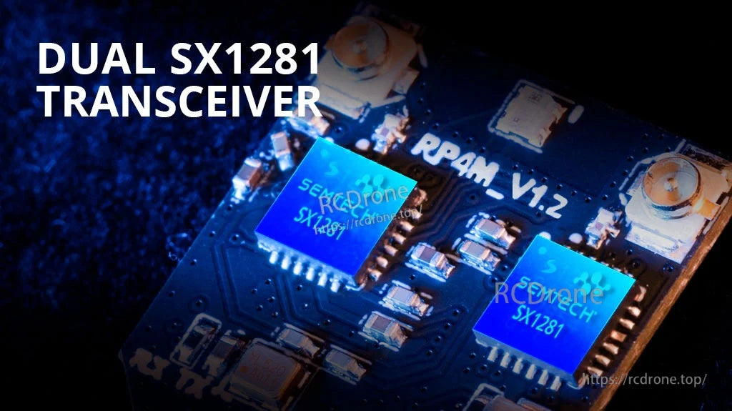 Macro view of RP4TD-M board showing dual Semtech SX1281 transceivers for ExpressLRS 2.4GHz diversity
