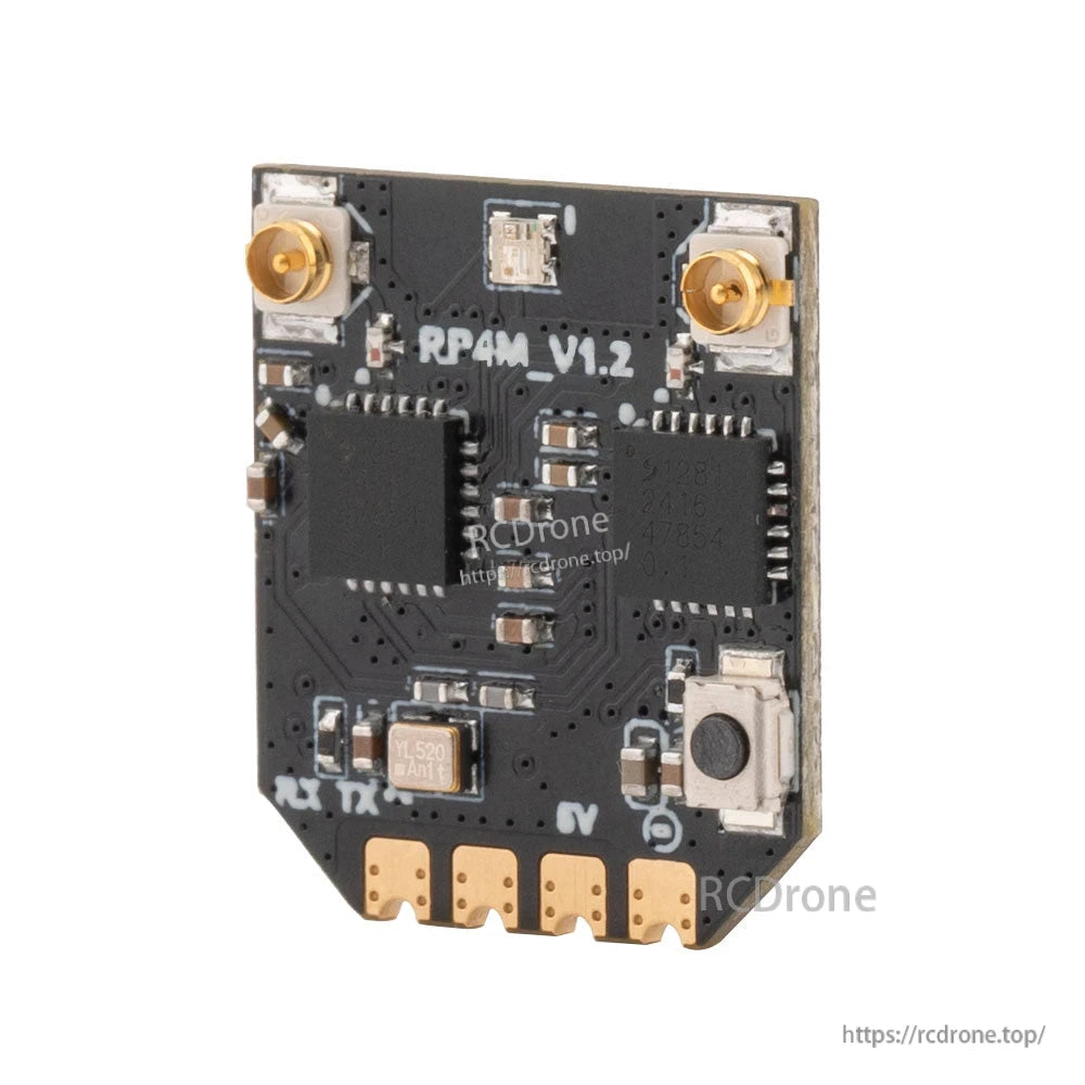 RadioMaster RP4TD-M ExpressLRS receiver angled view showing dual RF chips and antenna ports