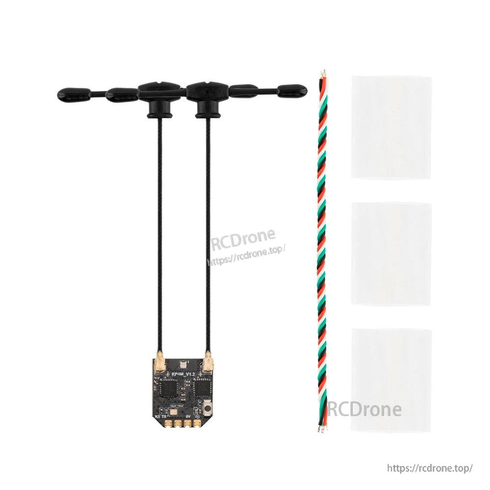 Package contents: RP4TD-M receiver with two antennas, 3-wire lead, and heat-shrink tubing