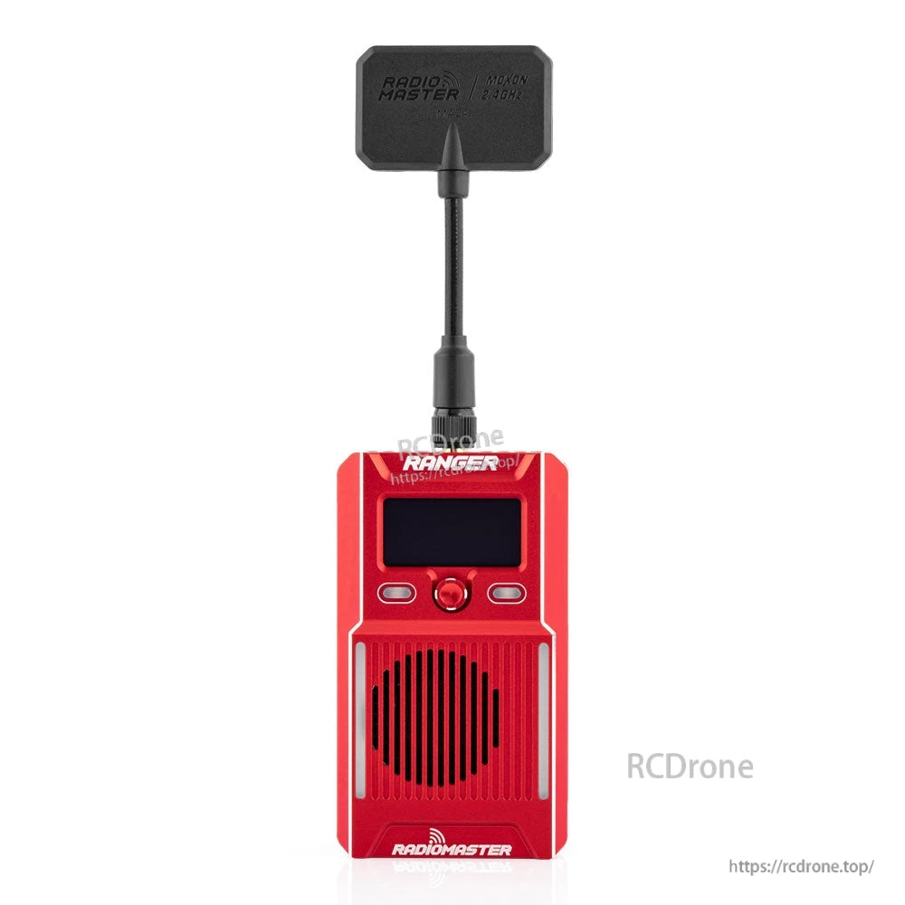 Ranger limited edition ELRS module front view in red with OLED screen, control buttons and antenna