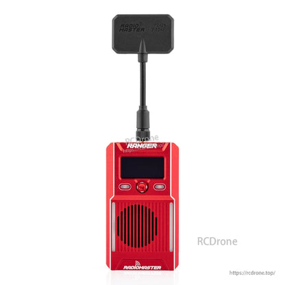 Ranger limited edition ELRS module front view in red with OLED screen, control buttons and antenna