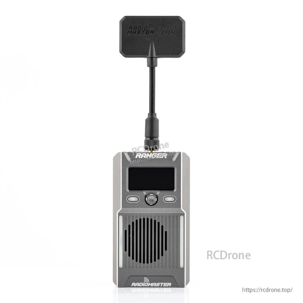 Ranger limited edition ELRS module front view in gray with OLED screen, control buttons and antenna
