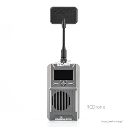 Ranger limited edition ELRS module front view in gray with OLED screen, control buttons and antenna