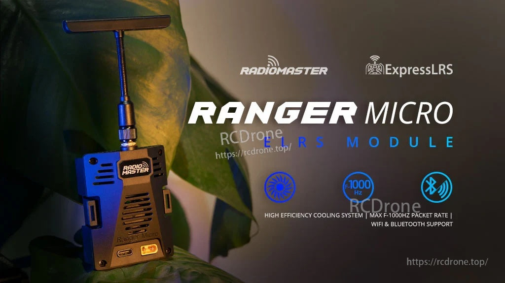 RadioMaster Ranger Micro 2.4GHz ExpressLRS (ELRS) module with T-antenna for JR micro bay, product banner