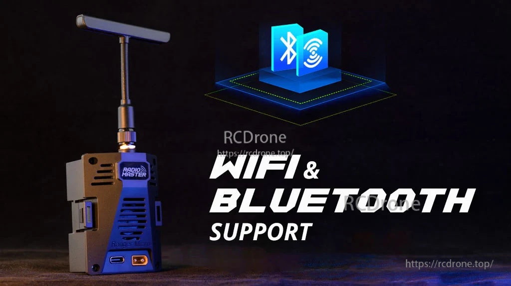 Ranger Micro ELRS module with WiFi and Bluetooth support callout, installed with T-antenna