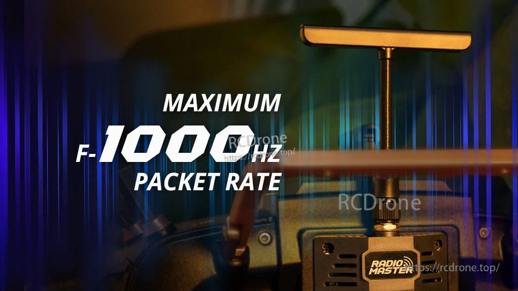 Ranger Micro ExpressLRS module with F-1000Hz maximum packet rate callout and T-antenna