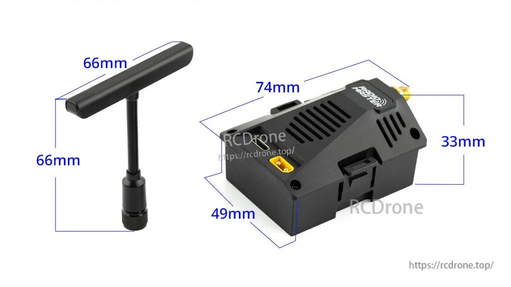 Dimension guide for Ranger Micro module (74×49×33mm) and T-antenna (66×66mm)