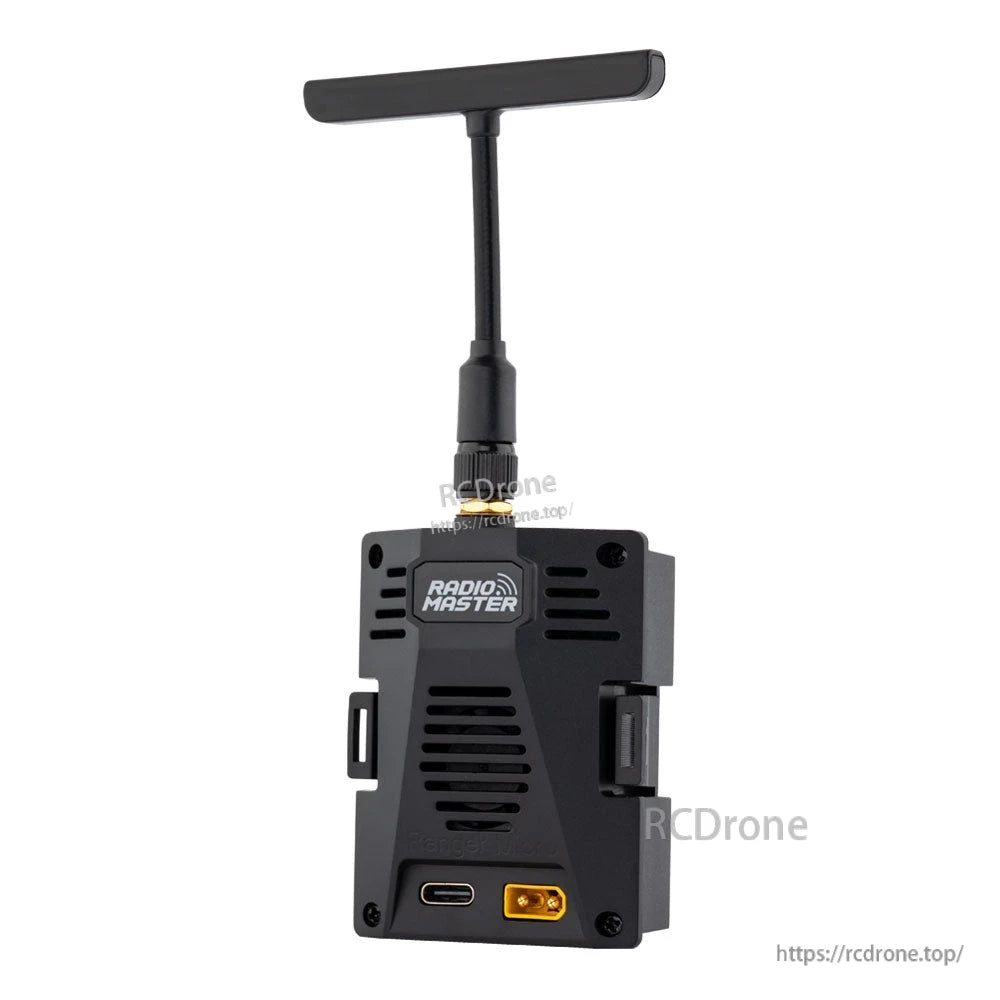 Angled view of RadioMaster Ranger Micro ELRS module with antenna and JR Micro bay side latches