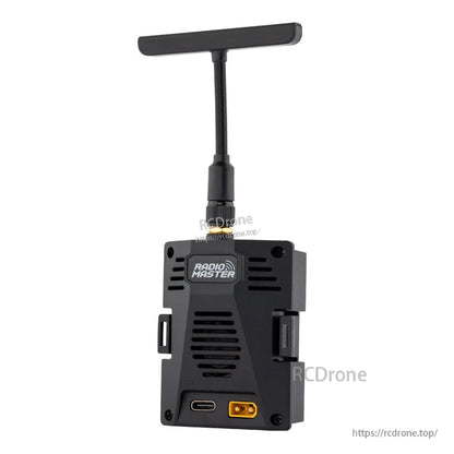 Angled view of RadioMaster Ranger Micro ELRS module with antenna and JR Micro bay side latches
