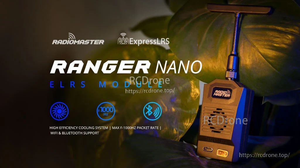RadioMaster Ranger Nano 2.4GHz ExpressLRS (ELRS) module with T-antenna for nano bay radios, up to F-1000Hz
