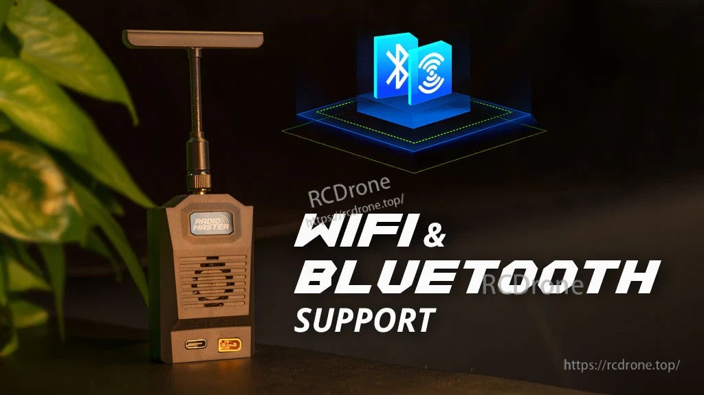Ranger Nano 2.4GHz ELRS module with T-antenna, highlighting built-in WiFi and Bluetooth support